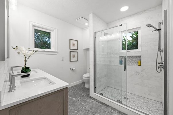 Bathroom, Glass Shower, Interior, Marble, Marble Walls, Recessed Lighting