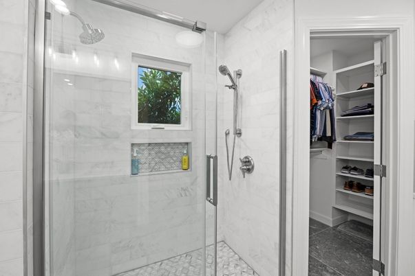 Bathroom, Glass Shower, Interior, Marble Walls, Walk-in Closets