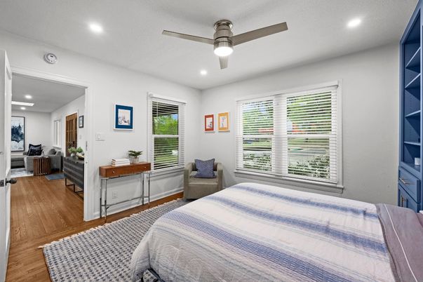 Bedroom, Interior, Recessed Lighting, Wood Texture Flooring