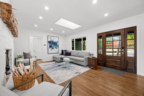 Fireplace, Interior, Living room, Recessed Lighting, Wood Texture Flooring