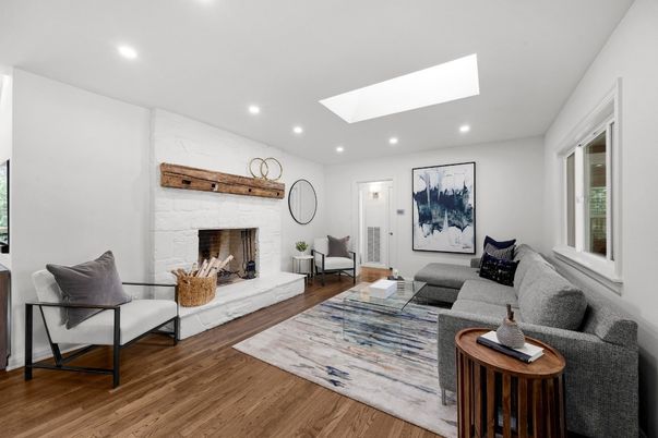 Fireplace, Interior, Living room, Recessed Lighting, Wood Texture Flooring