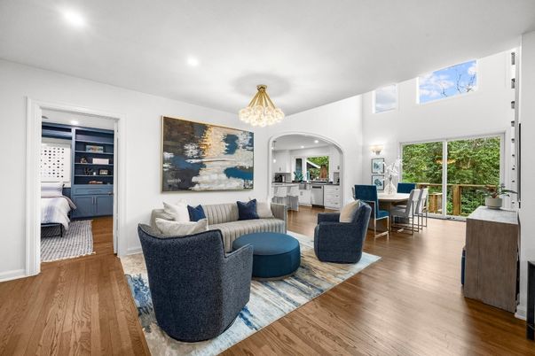 Bedroom, Chandelier, Dining room, Interior, Living room, Recessed Lighting, Wood Texture Flooring