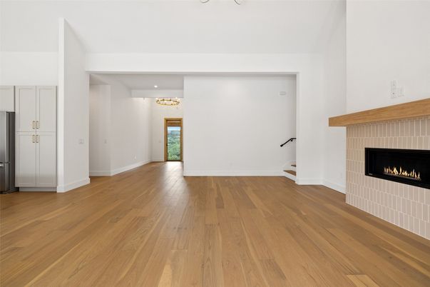 Fireplace, Interior, Living room, Pendant Lights, Recessed Lighting, Wood Texture Flooring