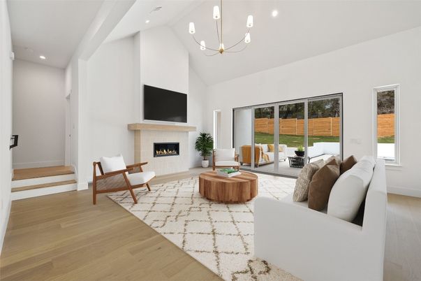 Fireplace, Interior, Living room, Pendant Lights, Recessed Lighting, Wood Texture Flooring