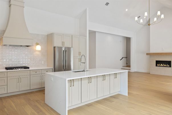 Dining room, Interior, Pendant Lights, Stainless Steel Appliances, Wood Texture Flooring