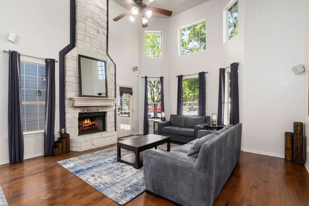 Fireplace, Interior, Living room, Stone Walls, Wood Texture Flooring