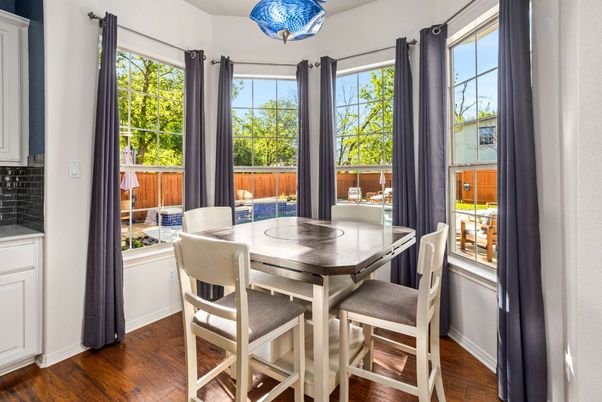 Dining room, Interior, Pendant Lights, Wood Texture Flooring