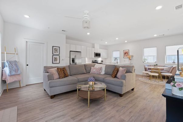 Dining room, Interior, Kitchen, Living room, Recessed Lighting, Stainless Steel Appliances, Wood Texture Flooring