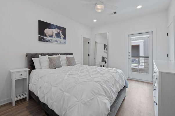 Bedroom, Interior, Recessed Lighting, Wood Texture Flooring