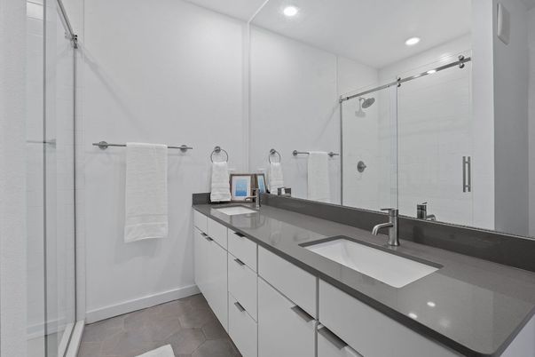 Bathroom, Dual Sink Vanities, Glass Shower, Interior, Recessed Lighting