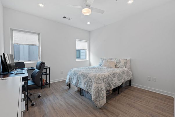 Bedroom, Home Office, Interior, Recessed Lighting, Wood Texture Flooring
