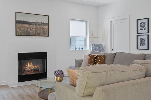 Fireplace, Interior, Living room, Recessed Lighting, Wood Texture Flooring