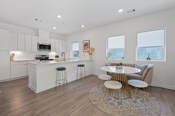 Dining room, Interior, Kitchen, Recessed Lighting, Stainless Steel Appliances, Wood Texture Flooring