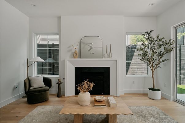 Fireplace, Interior, Recessed Lighting, Wood Texture Flooring