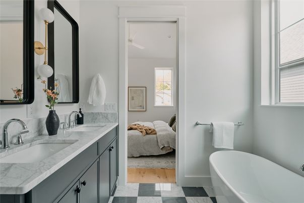 Bathroom, Dual Sink Vanities, Interior, Marble, Wood Texture Flooring