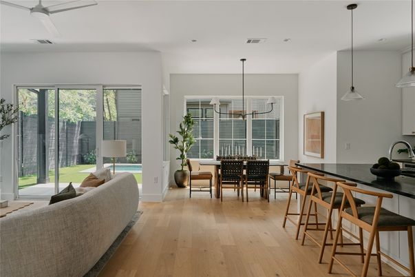 Dining room, Interior, Pendant Lights, Recessed Lighting, Wood Texture Flooring