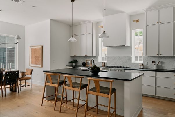 Dining room, Interior, Kitchen, Pendant Lights, Recessed Lighting, Wood Texture Flooring