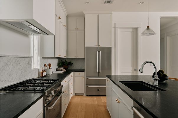 Interior, Kitchen, Pendant Lights, Recessed Lighting, Stainless Steel Appliances, Wood Texture Flooring