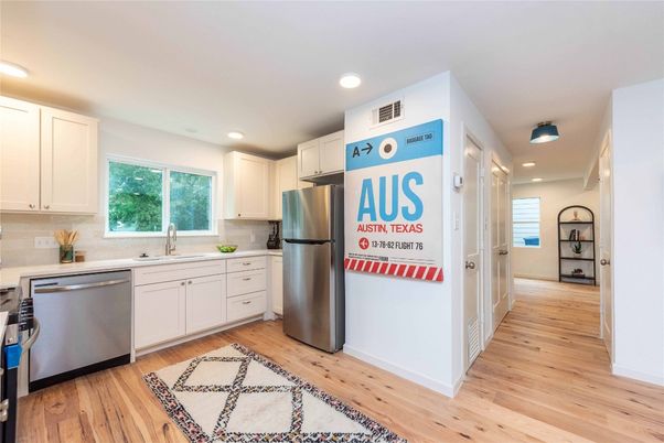 Interior, Kitchen, Recessed Lighting, Stainless Steel Appliances, Wood Texture Flooring