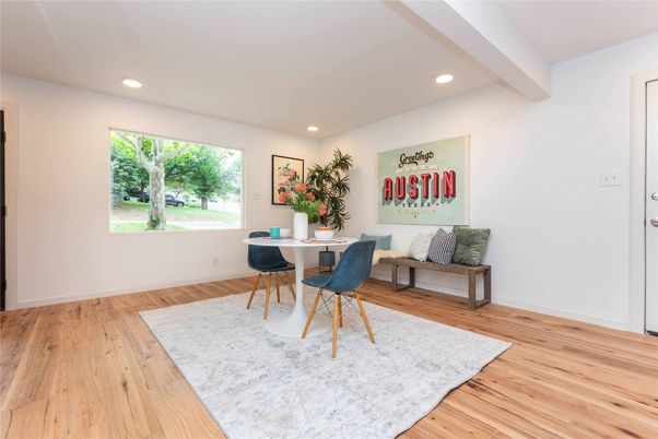 Dining room, Interior, Recessed Lighting, Wood Texture Flooring