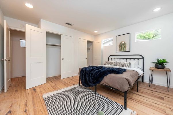 Bedroom, Interior, Recessed Lighting, Wood Texture Flooring