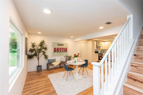 Dining room, Interior, Kitchen, Recessed Lighting, Stainless Steel Appliances, Wood Texture Flooring