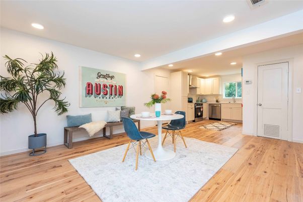 Dining room, Interior, Kitchen, Recessed Lighting, Stainless Steel Appliances, Wood Texture Flooring