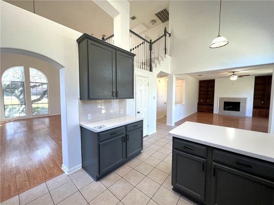 Fireplace, Interior, Kitchen, Pendant Lights, Wood Texture Flooring