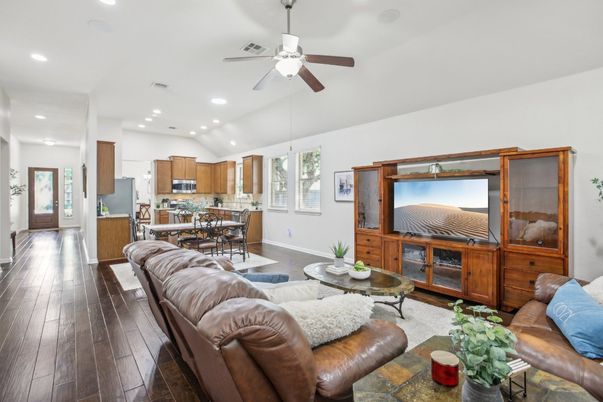 Dining room, Interior, Kitchen, Living room, Recessed Lighting, Stainless Steel Appliances, Wood Texture Flooring
