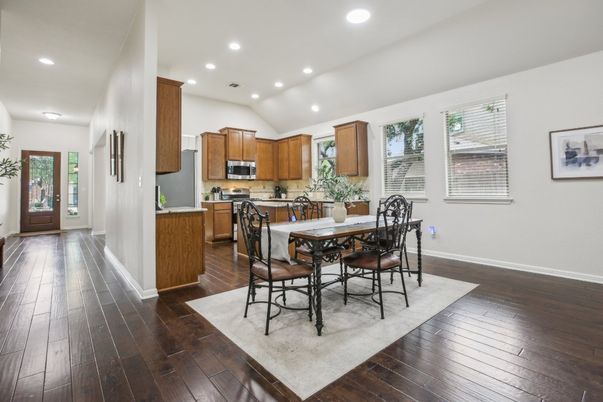 Dining room, Interior, Kitchen, Recessed Lighting, Wood Texture Flooring