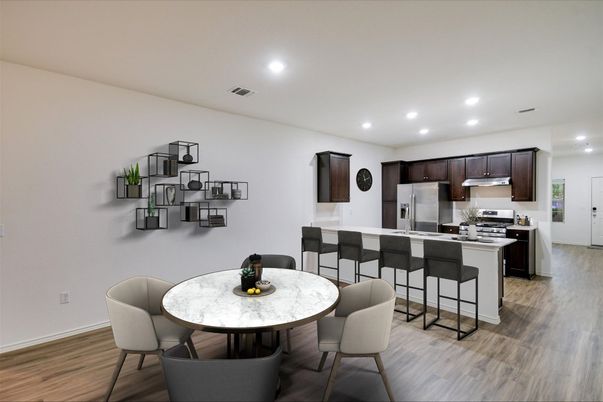 Dining room, Interior, Kitchen, Recessed Lighting, Stainless Steel Appliances, Wood Texture Flooring