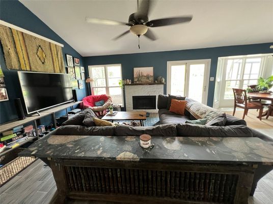 Dining room, Fireplace, Interior, Living room, Wood Texture Flooring