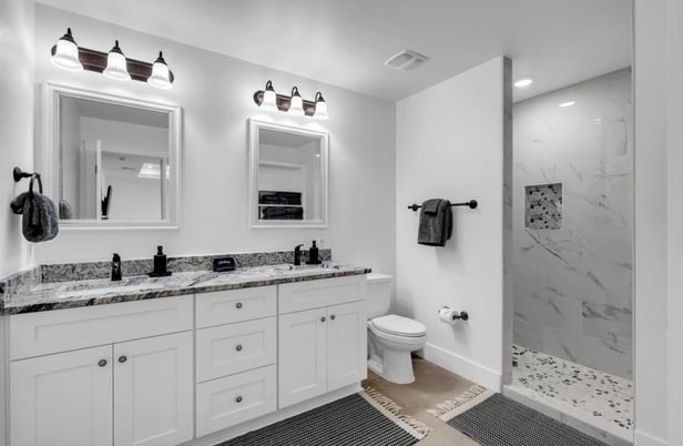 Bathroom, Dual Sink Vanities, Interior, Marble Walls, Recessed Lighting