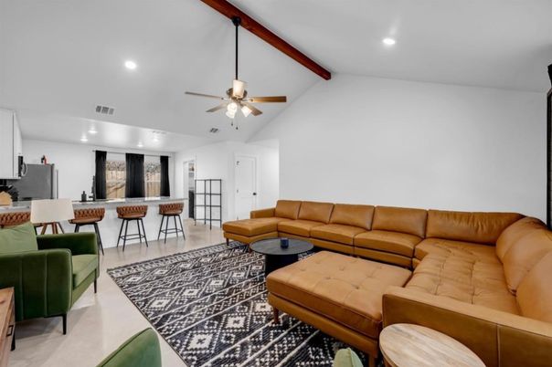 Interior, Living room, Recessed Lighting, Wooden Beams