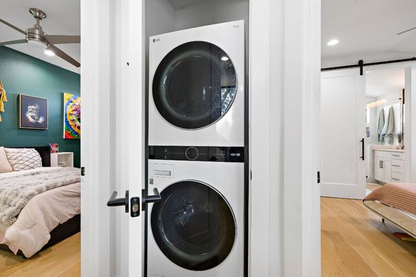 Bedroom, Interior, Recessed Lighting, Utility Closets, Washer, Wood Texture Flooring