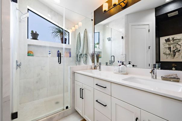 Bathroom, Dual Sink Vanities, Glass Shower, Interior, Marble Walls