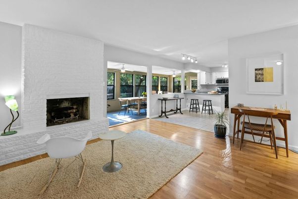 Dining room, Fireplace, Interior, Kitchen, Wood Texture Flooring