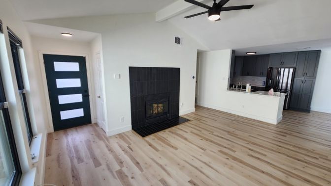 Fireplace, Interior, Kitchen, Recessed Lighting, Wood Texture Flooring