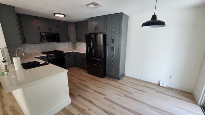 Interior, Kitchen, Pendant Lights, Recessed Lighting, Wood Texture Flooring