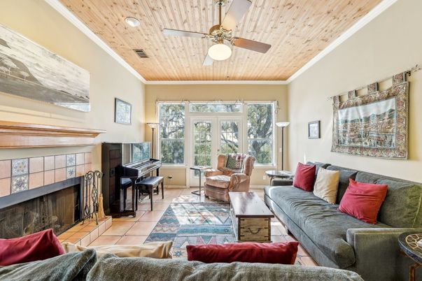 Fireplace, Interior, Living room, Piano, Recessed Lighting, Wooden Ceilings