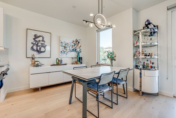 Dining room, Interior, Pendant Lights, Recessed Lighting, Wood Texture Flooring