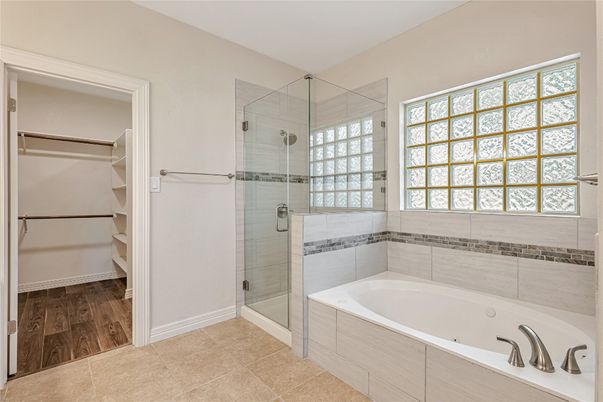 Bathroom, Glass Shower, Interior, Walk-in Closets, Wood Texture Flooring