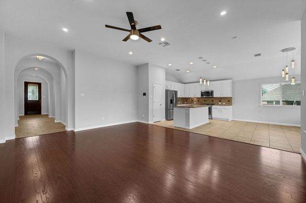Empty room, Interior, Kitchen, Pendant Lights, Recessed Lighting, Wood Texture Flooring
