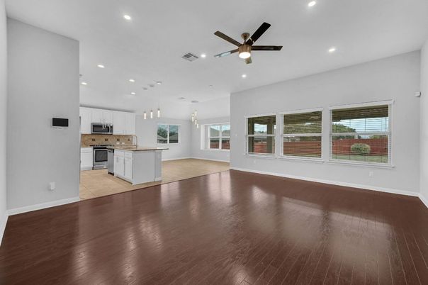 Empty room, Interior, Kitchen, Pendant Lights, Recessed Lighting, Wood Texture Flooring