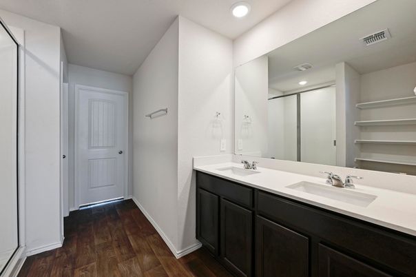 Bathroom, Dual Sink Vanities, Interior, Recessed Lighting, Wood Texture Flooring
