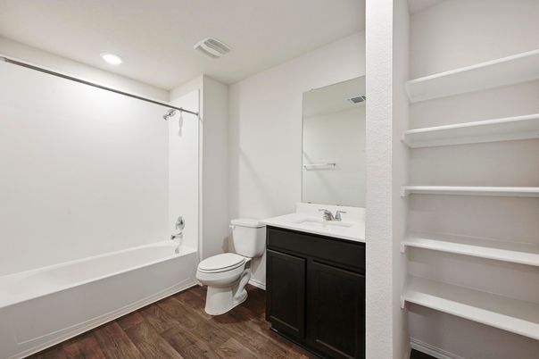 Bathroom, Interior, Recessed Lighting, Wood Texture Flooring