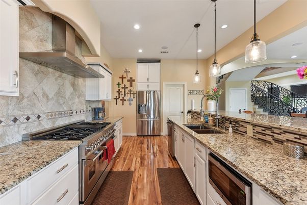 Interior, Kitchen, Pendant Lights, Recessed Lighting, Stainless Steel Appliances, Wood Texture Flooring