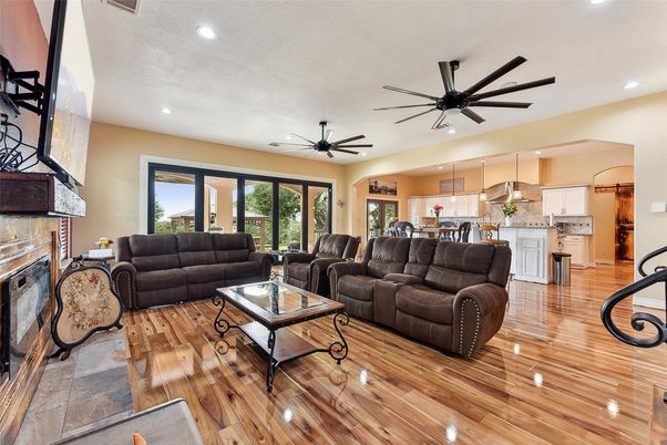 Fireplace, Interior, Kitchen, Living room, Pendant Lights, Recessed Lighting, Wood Texture Flooring