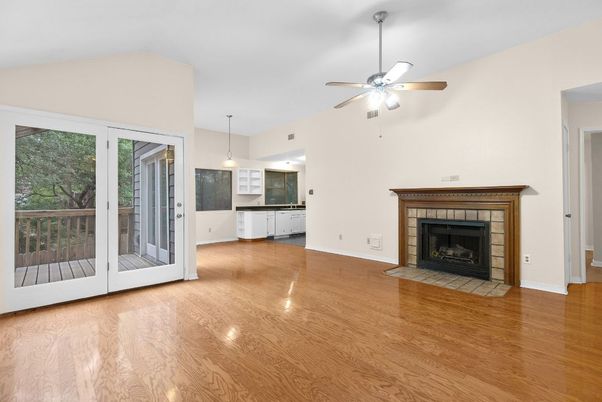 Empty room, Fireplace, Interior, Pendant Lights, Wood Texture Flooring