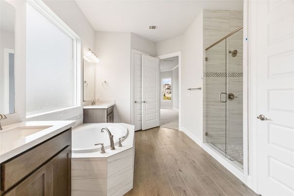 Bathroom, Glass Shower, Interior, Wood Texture Flooring